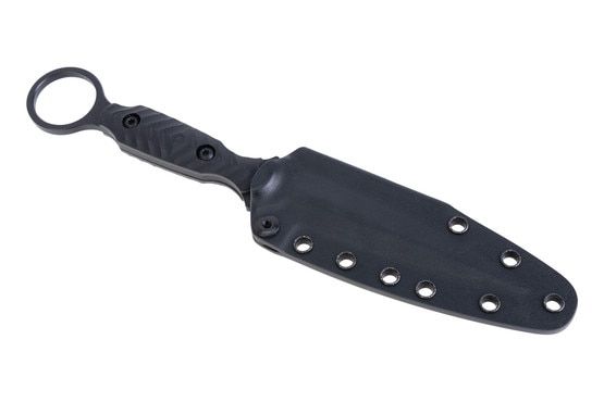 This black fixed blade knife features a rugged Kydex sheath.